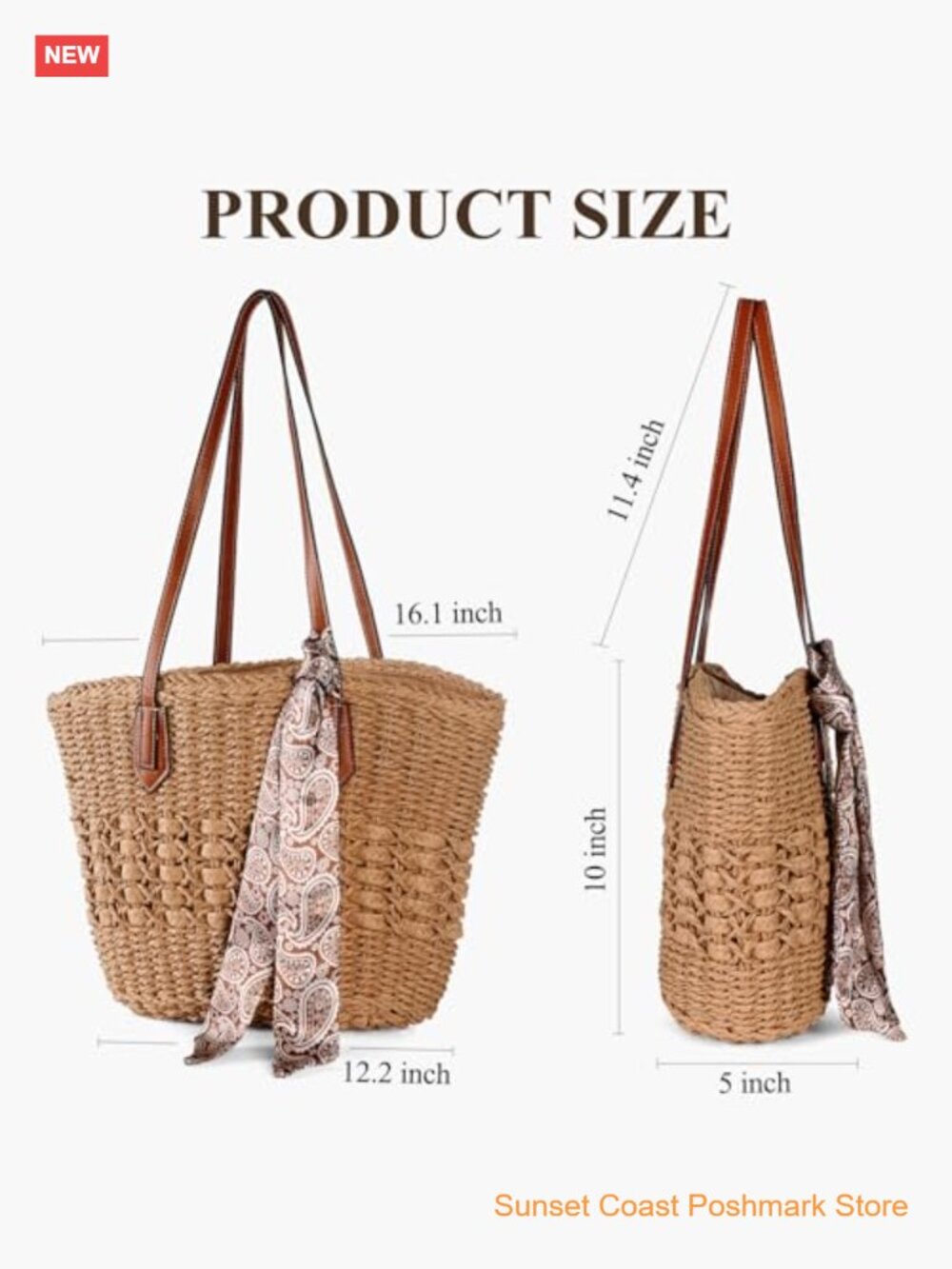 Woven Straw Beach Tote Bag Large Capacity Handbag with Zipper Closure and Silk - Picture 3 of 7